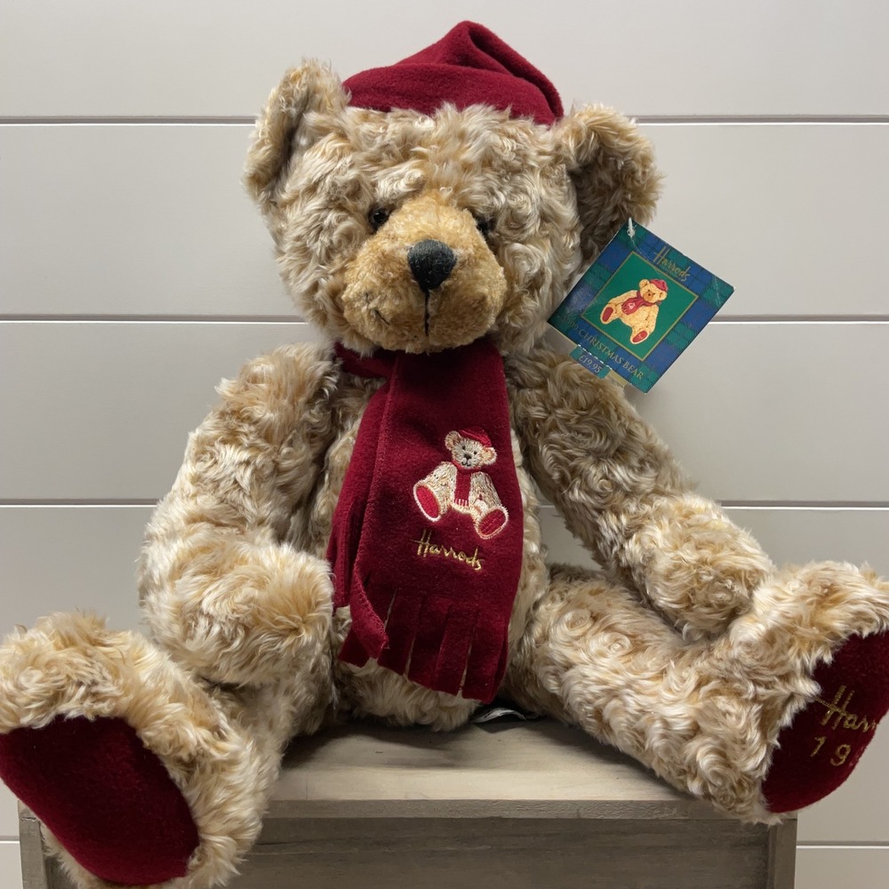 Harrods 1999 Christmas Bear 13 inch Plush Tan Burgundy Scarf Hat NWT Vintage